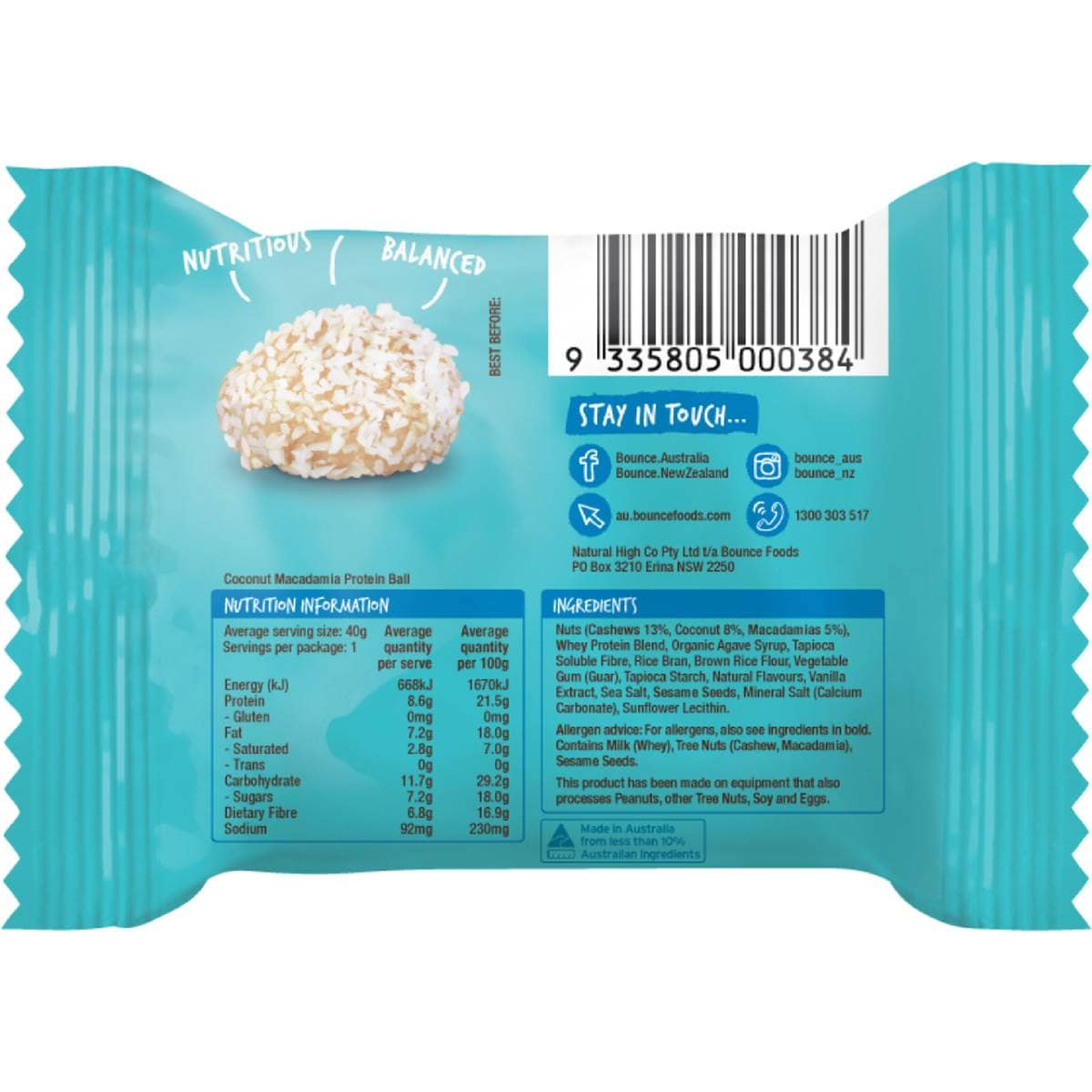 Bounce Natural Energy Ball Coconut Macadamia Protein 40g Woolworths
