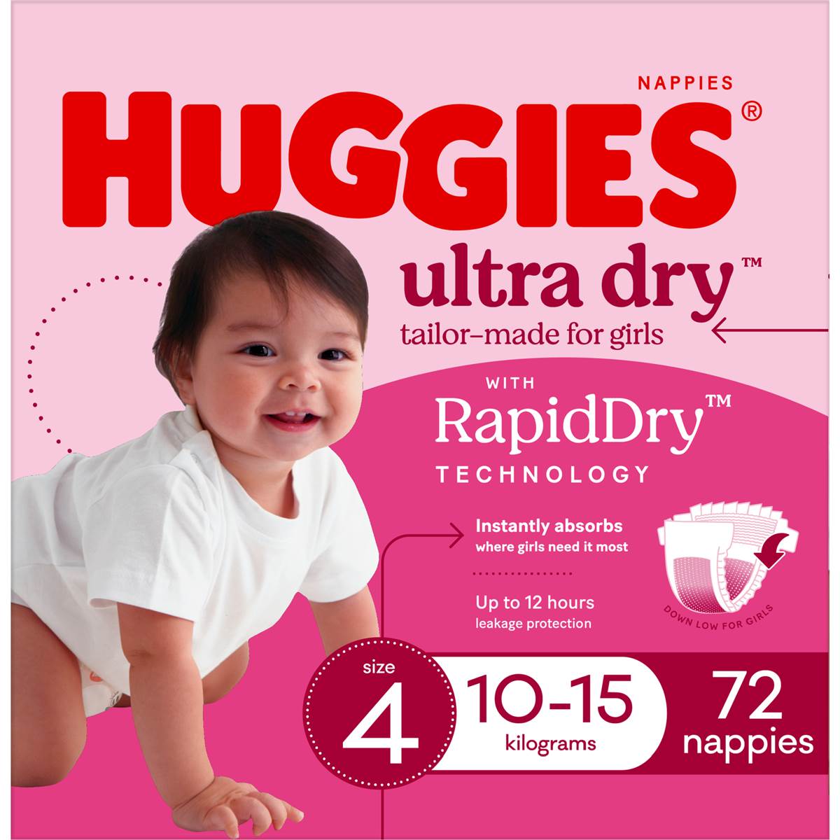 Huggies Ultra Dry Nappies Girls Size 4 (1015kg) 72 Pack Woolworths