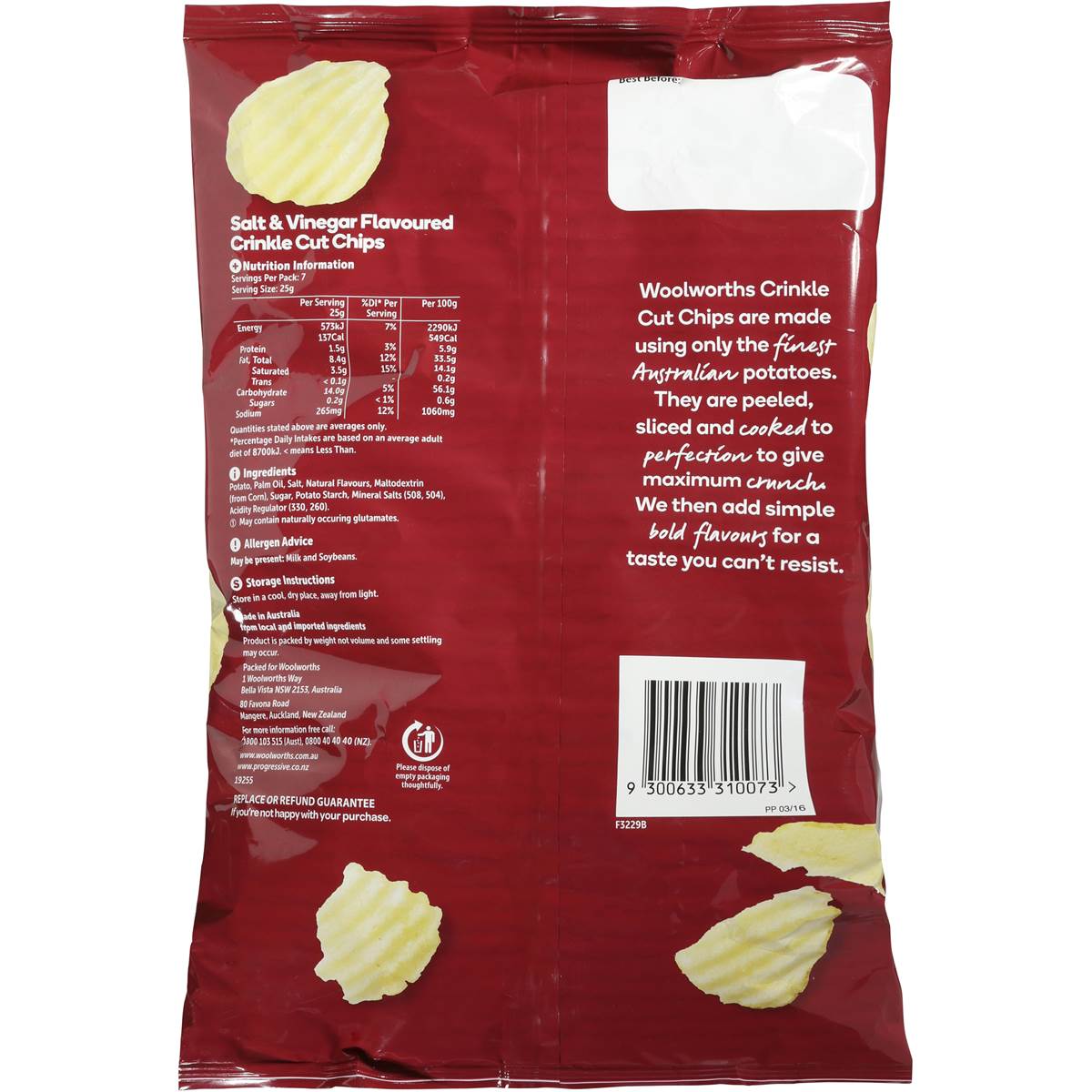 Woolworths Chips Crinkle Cut Salt & Vinegar 175g Woolworths