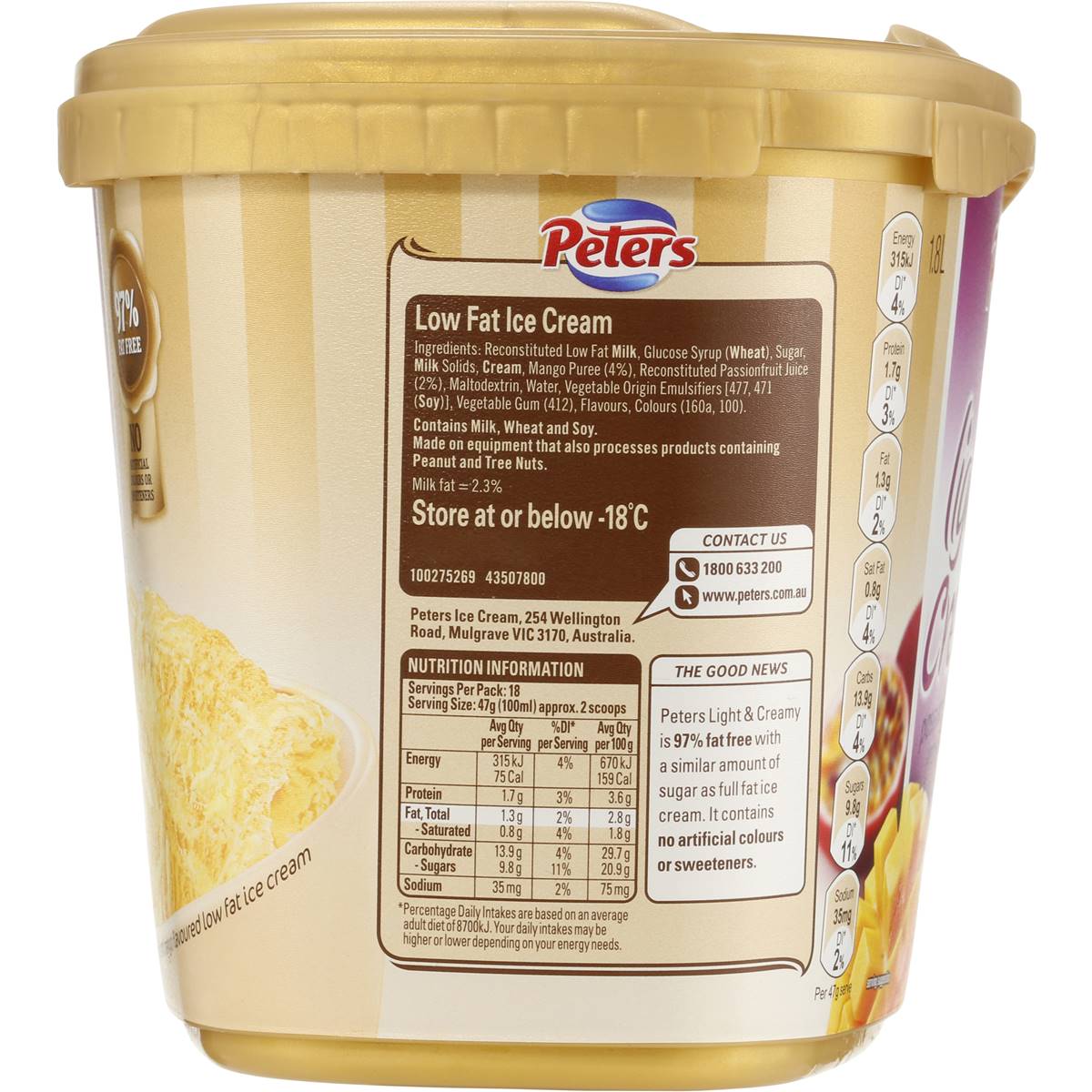 Peters Light & Creamy Ice Cream Passionfruit & Mango 1.8l tub Woolworths