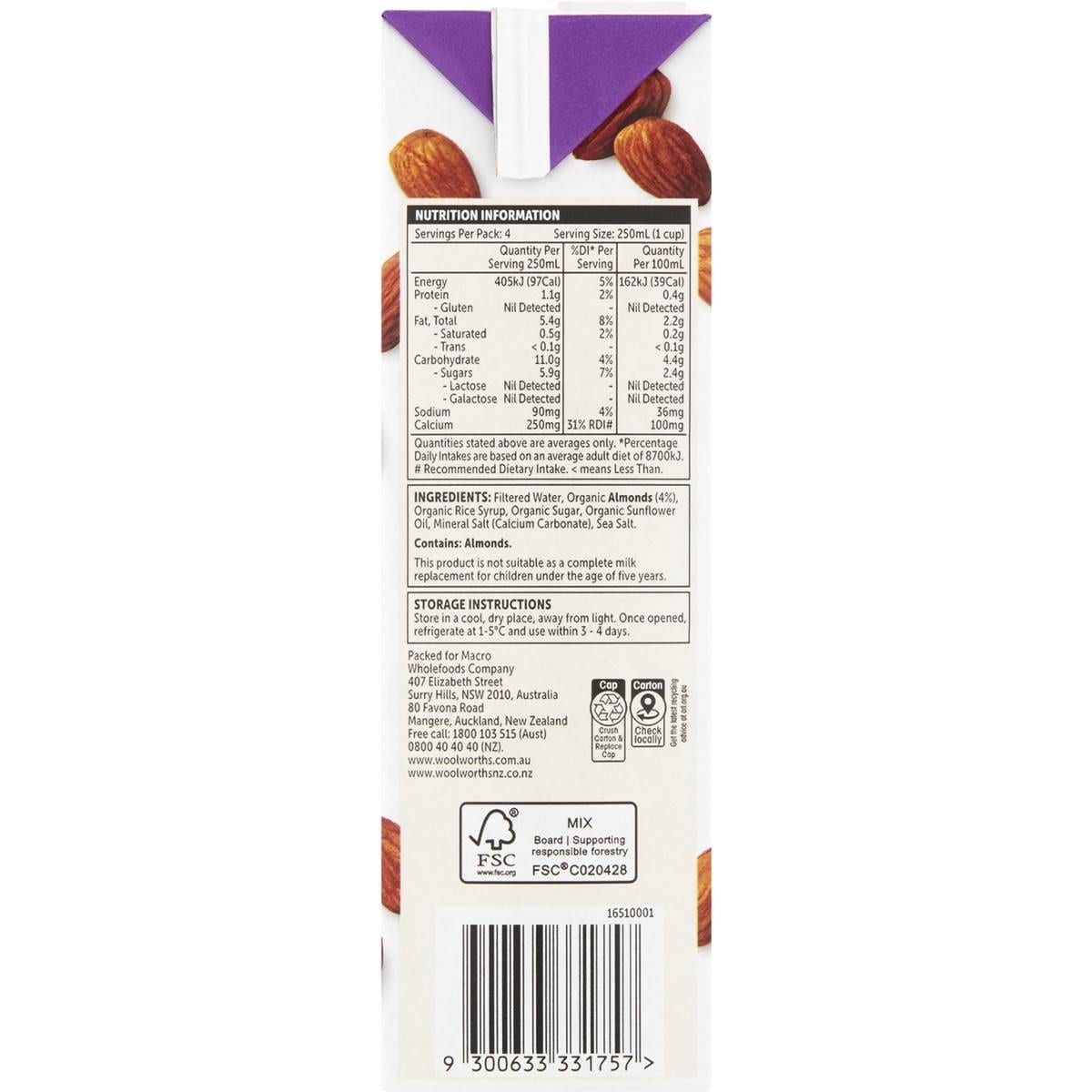 Macro Organic Almond Milk 1l Woolworths