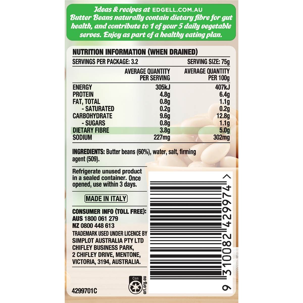 Edgell Canned Butter Beans Picked And Soaked Legumes 400g Woolworths