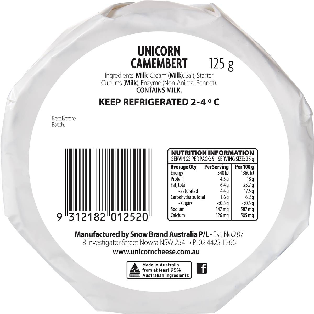 Unicorn Classic Camembert Cheese 125g Woolworths