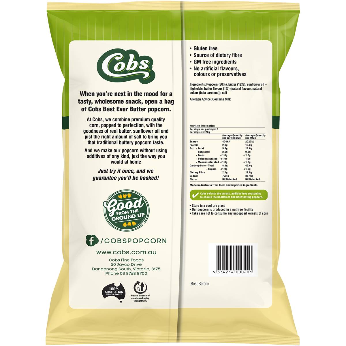 Cobs Popcorn Best Ever Butter Gluten Free 100g Woolworths