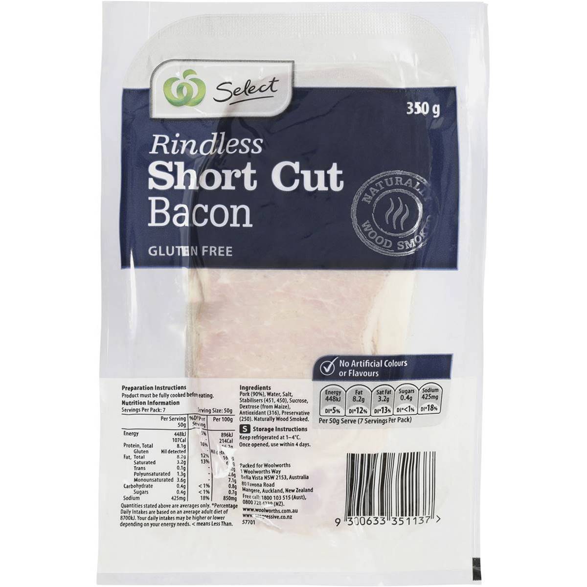 Woolworths Select Bacon Short Cut Rindless 350g Woolworths