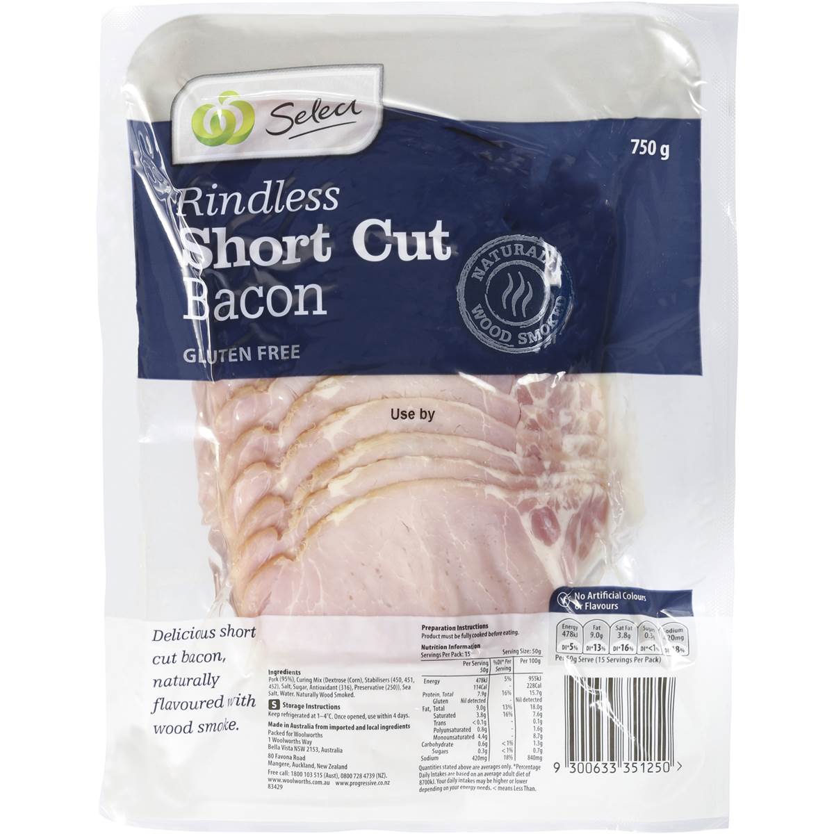 Woolworths Select Bacon Short Cut Rindless 750g Woolworths