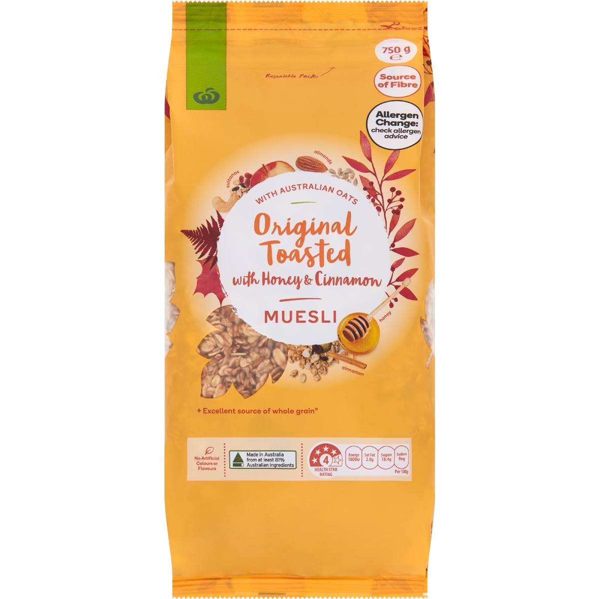 Woolworths Toasted Honey & Cinnamon Muesli 750g Woolworths