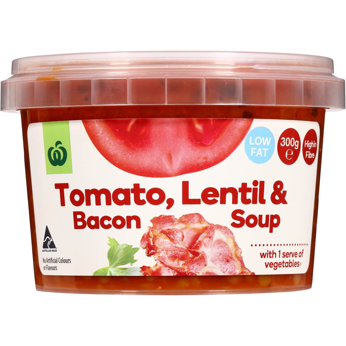 Woolworths Tomato Lentil & Bacon Soup Low Fat 300g Woolworths