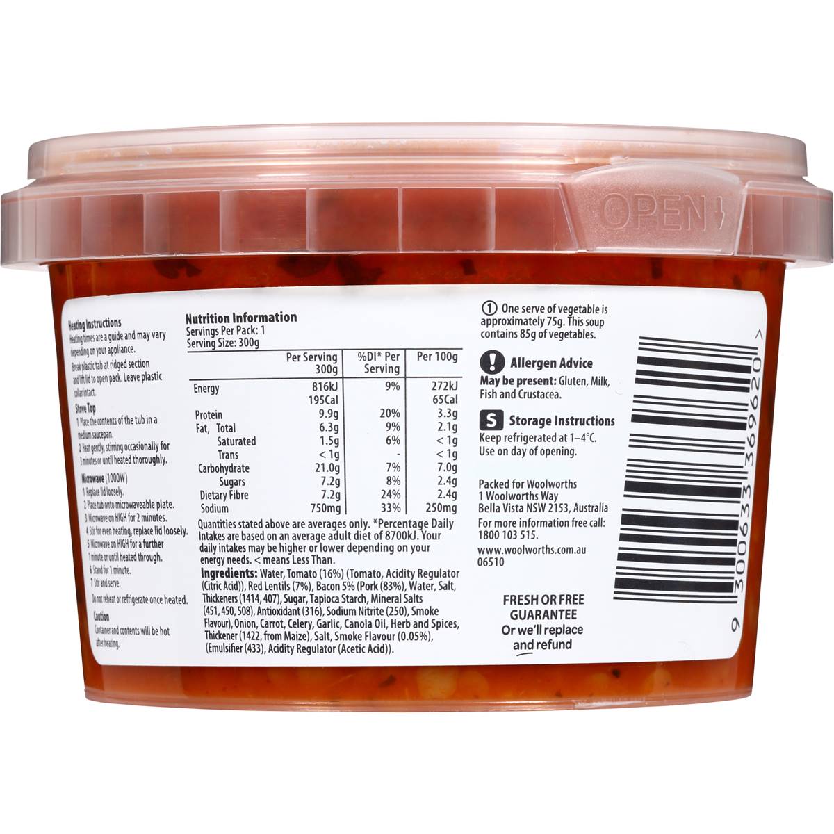 Woolworths Tomato Lentil & Bacon Soup Low Fat 300g Woolworths