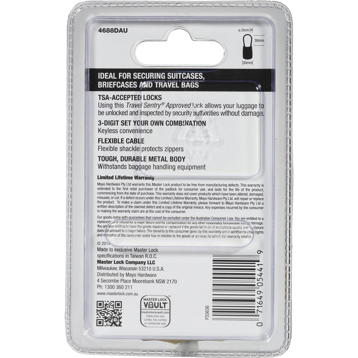 Master Lock Combination Cable Luggage Lock each Woolworths