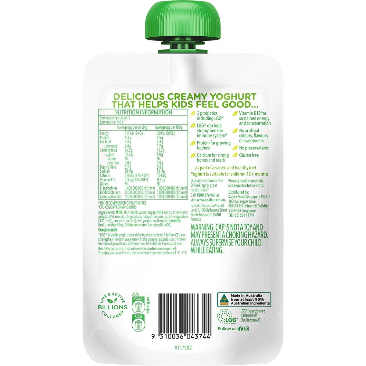 Vaalia Kids Probiotic Yoghurt Pouch Lactose Free Strawberry 140g