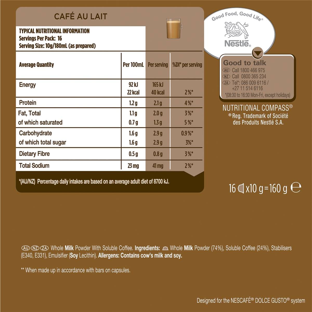 Dolce Gusto Cafe Au Lait Coffee Pods Capsules 16 Pack Woolworths