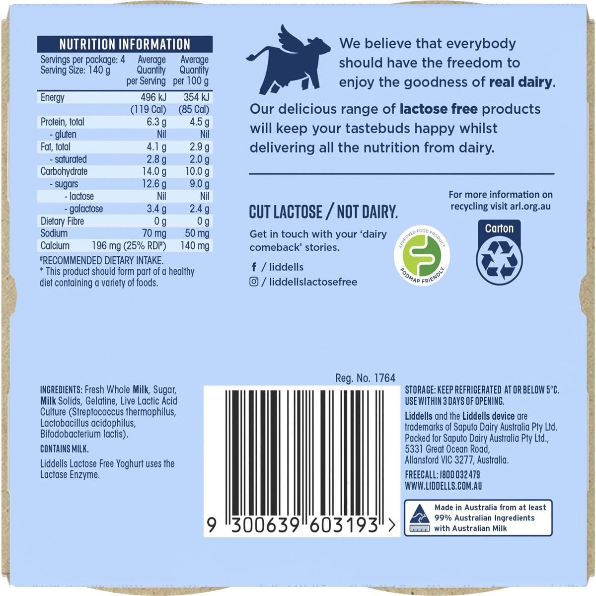 Liddells Lactose Free Plain Yoghurt 4x140g Woolworths