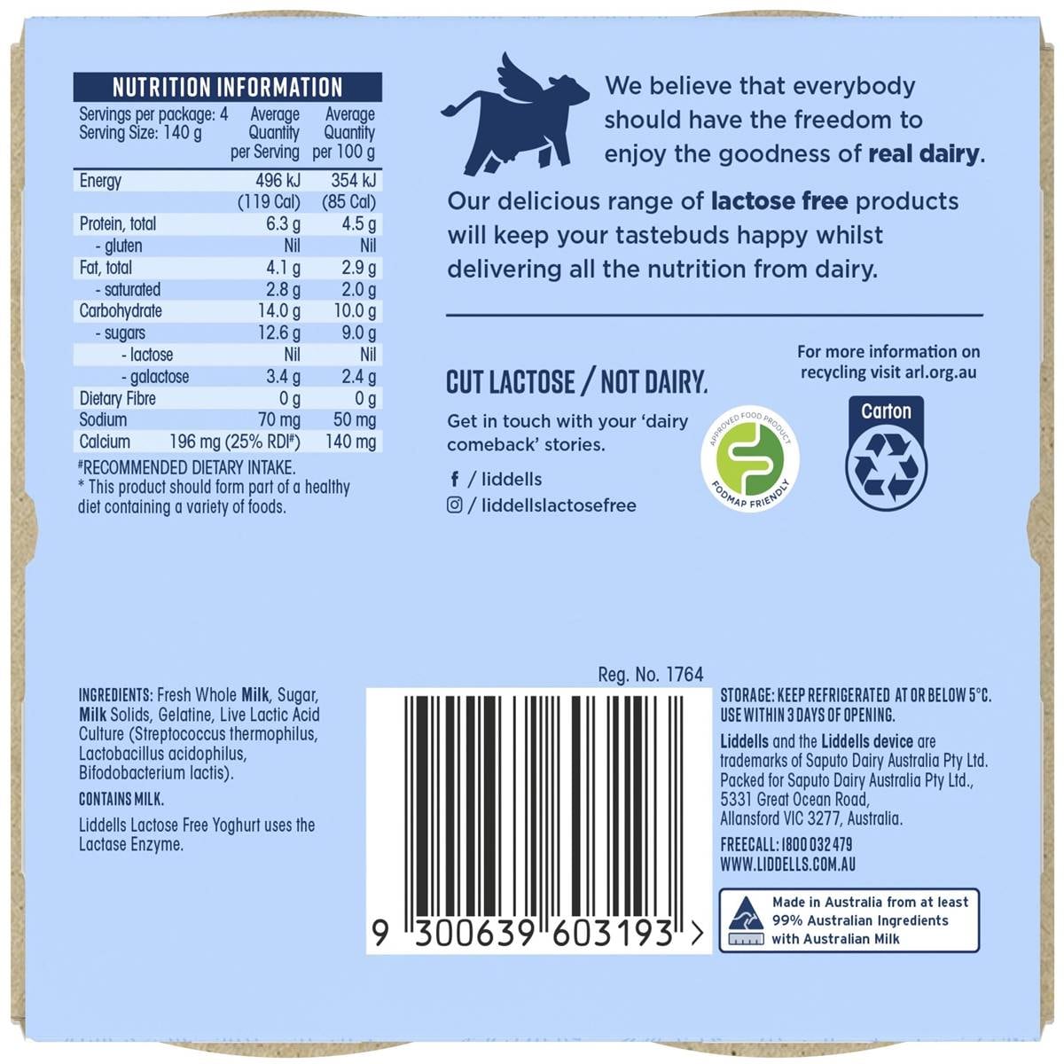 Liddells Lactose Free Yoghurt Plain 140g X 4 Pack Woolworths