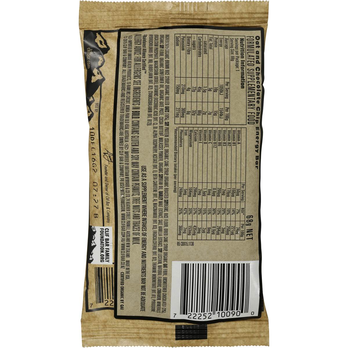 Clif Bar Energy Bar Chocolate Chip 68g Woolworths