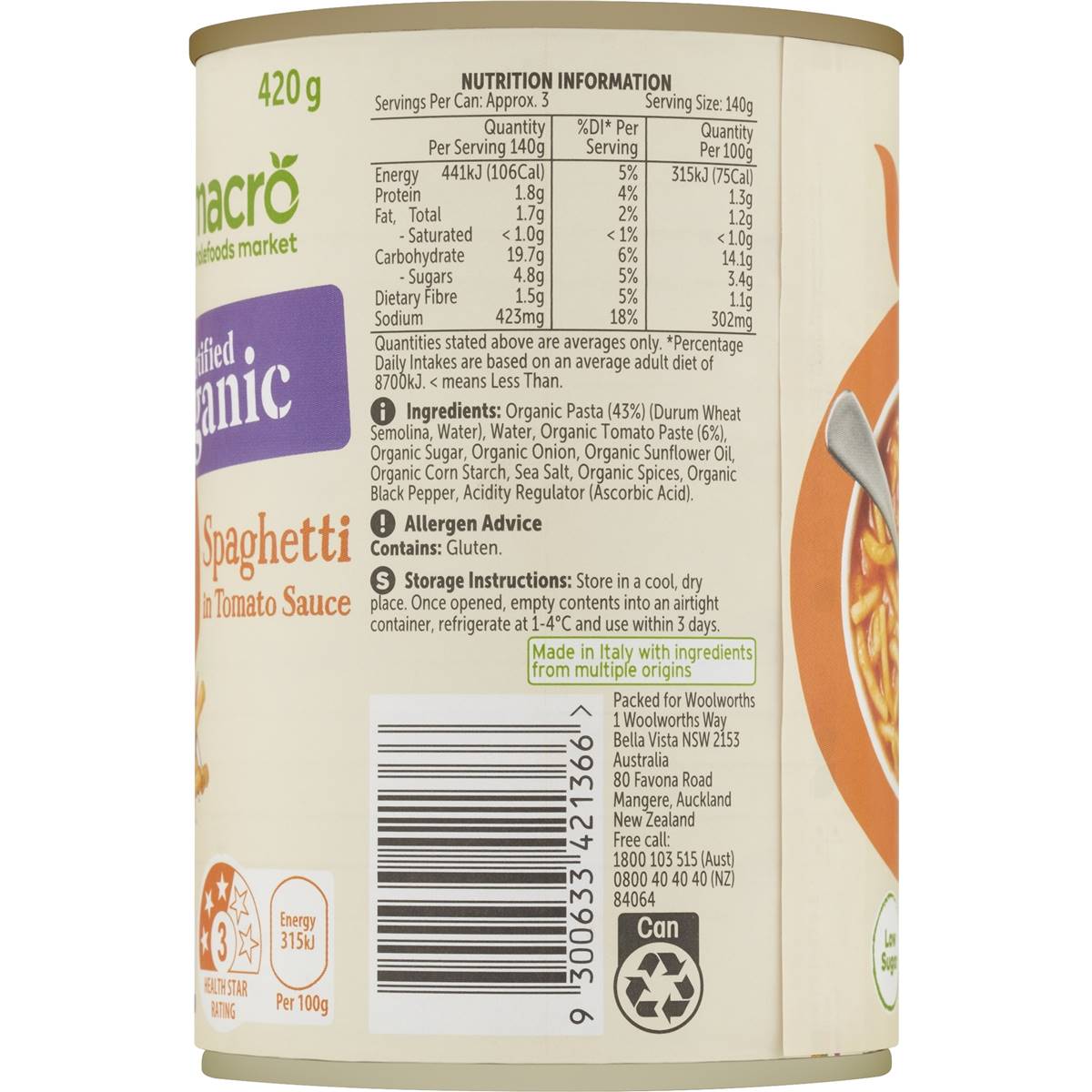Macro Organic Spaghetti In Tomato Sauce 420g Woolworths