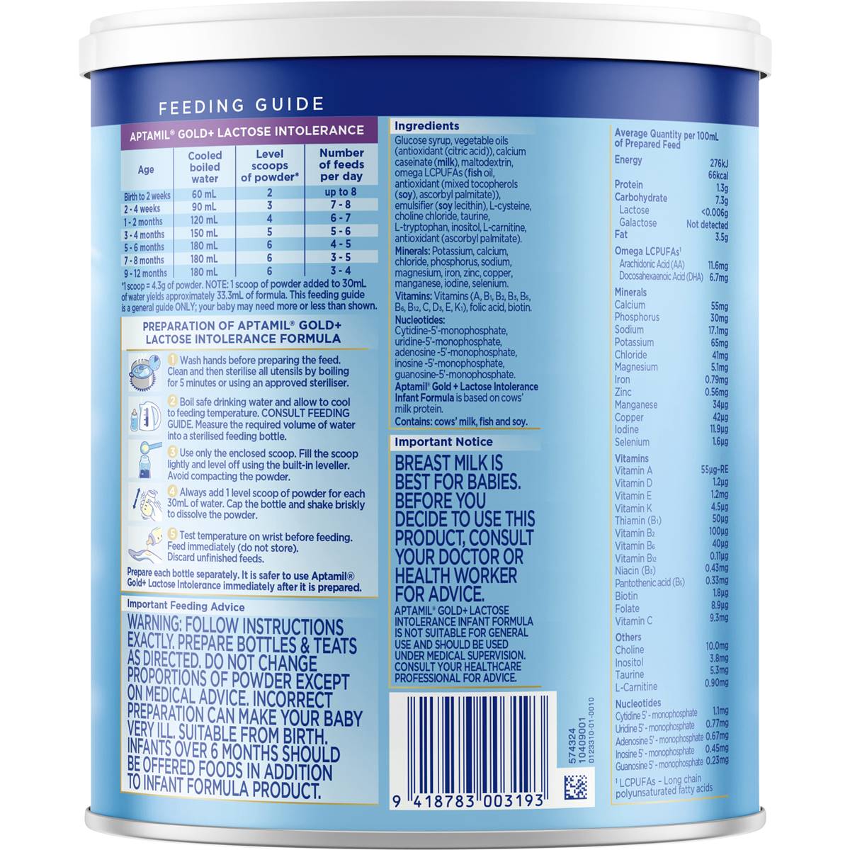 Aptamil Gold+ Lactose Intolerance Baby Formula From 012 Months 900g