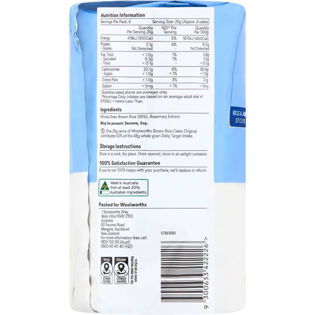 Woolworths Thin Brown Rice Cakes Original 150g Woolworths