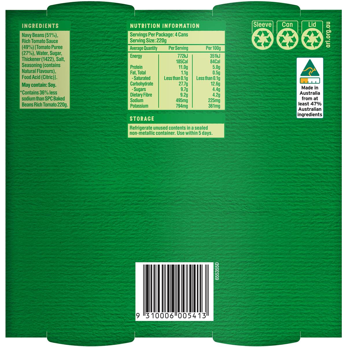 Spc Baked Beans Rich Tomato Salt Reduced 220g X 4 Pack Woolworths