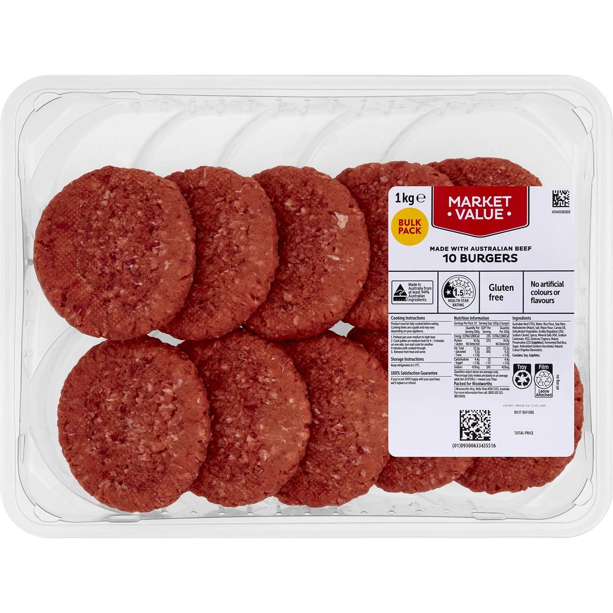 Market Value 10 Beef Burgers 1kg Woolworths