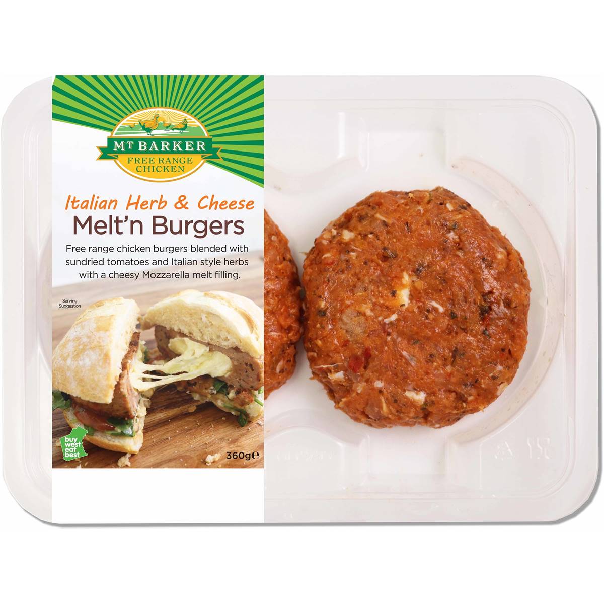 Mt Barker Italian Herb & Cheese Melt Chicken Burger Free Range 360g