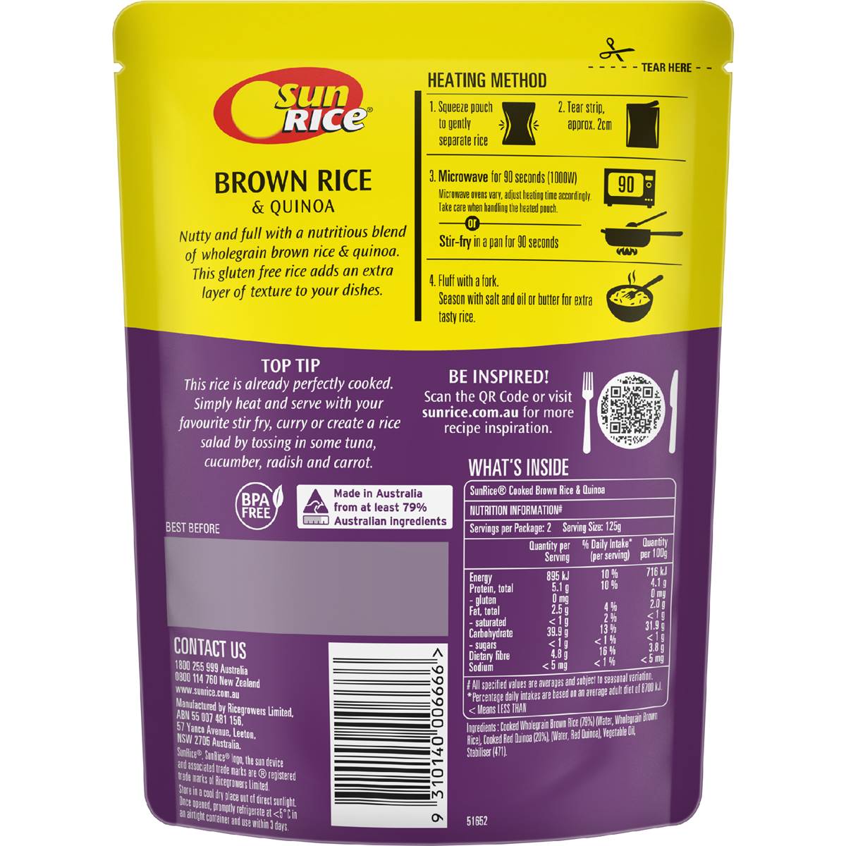 Sunrice Microwave Brown Rice & Quinoa Pouch 250g Woolworths