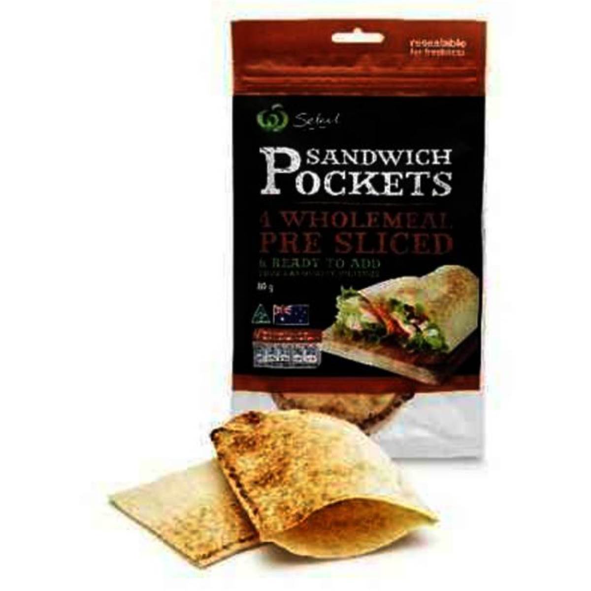 Woolworths Select Sandwich Pockets Wholemeal 4pk 320g Woolworths