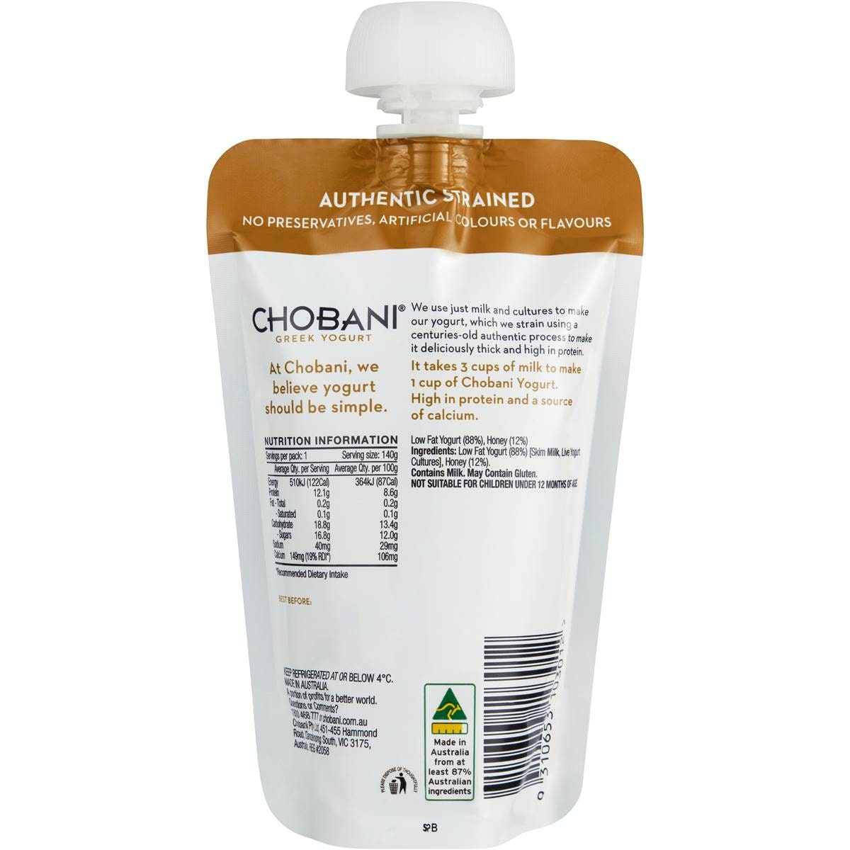 Chobani No Fat Honey Yoghurt Pouch 140g Woolworths