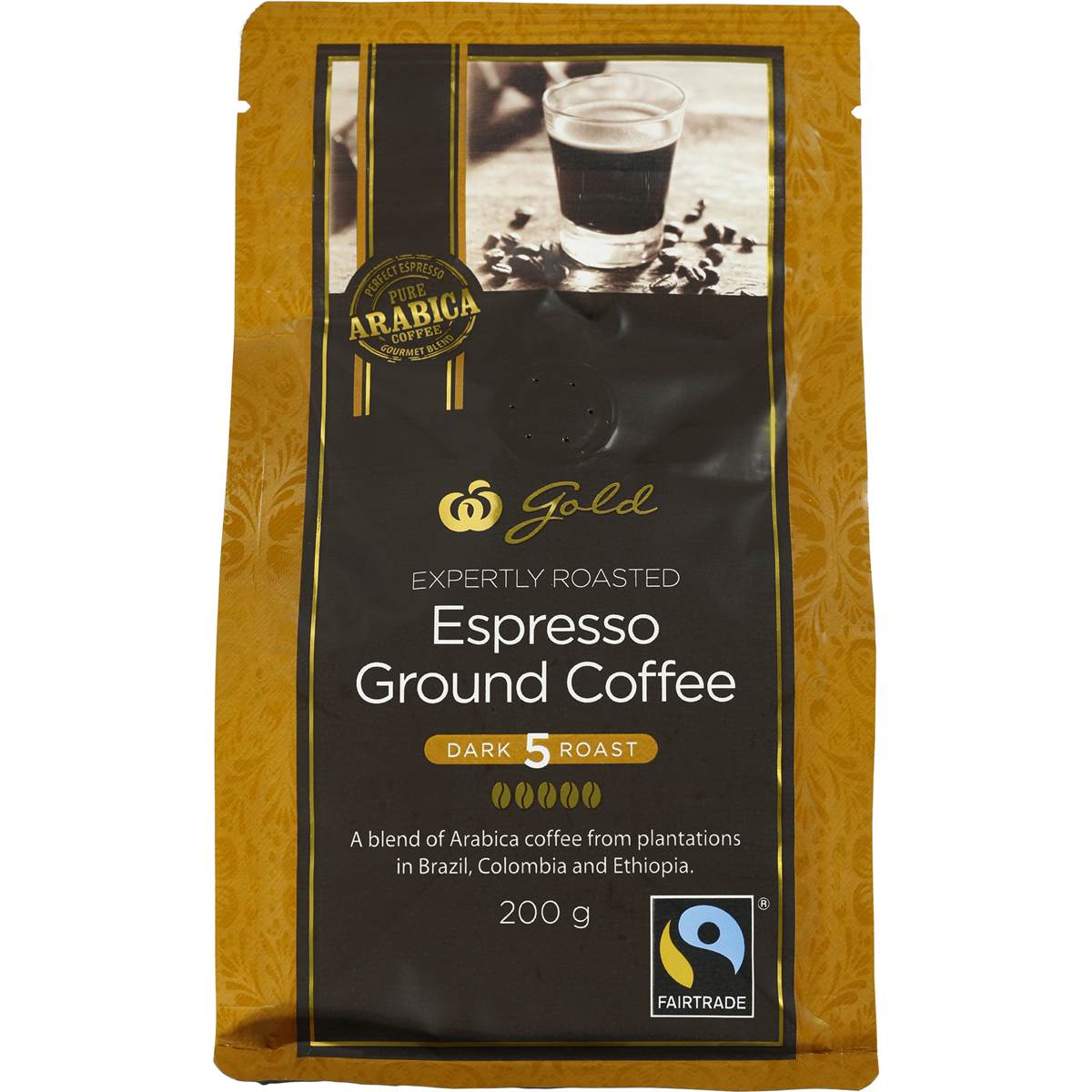 Gold Fairtrade Ground Coffee Espresso Roast 200g Woolworths