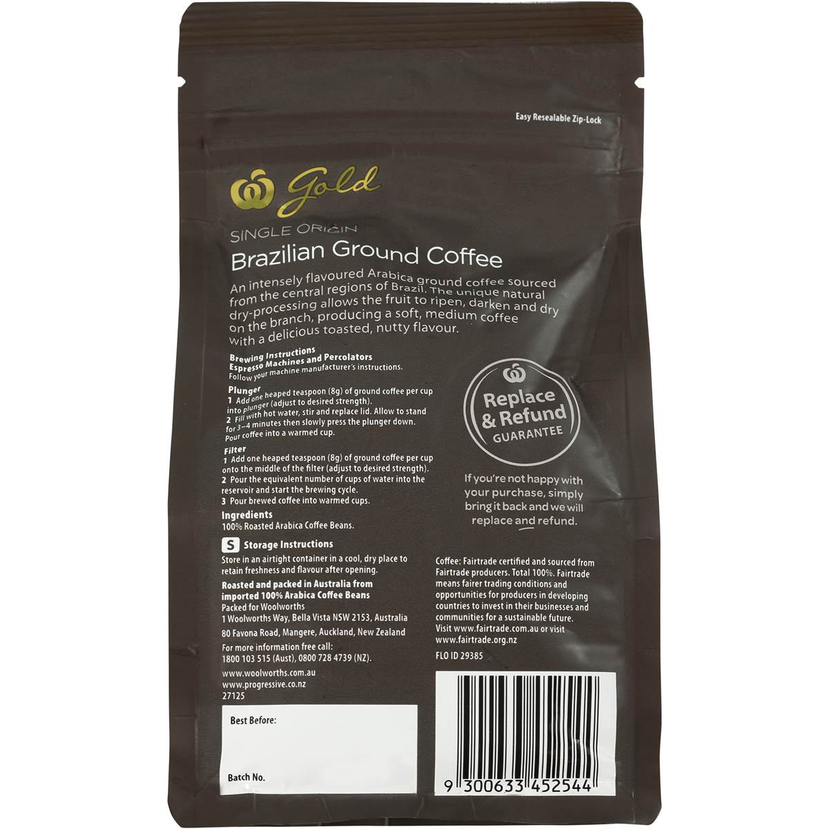 Woolworths Gold Fairtrade Ground Coffee Brazilian 200g Woolworths