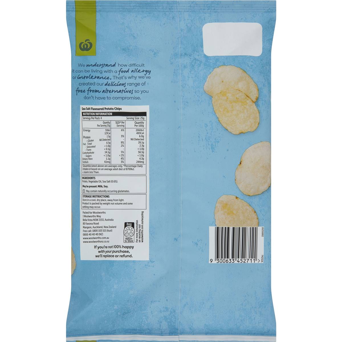 Woolworths Free From Gluten Share Pack Potato Chips Original 100g