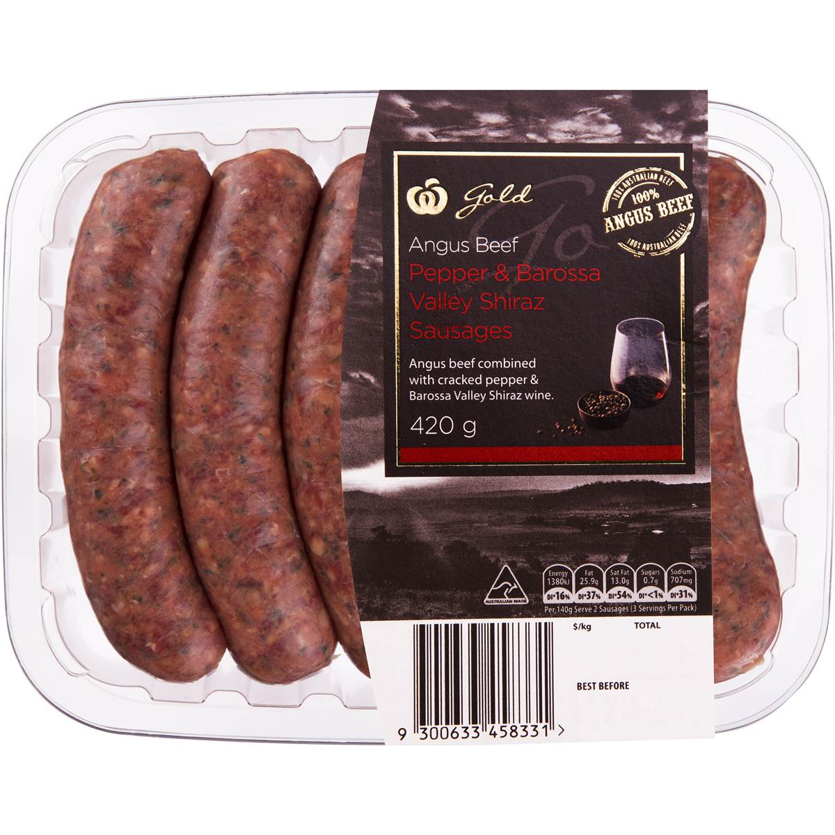 Woolworths Gold Beef Sausages Pepper Barossa Shiraz 420g Woolworths