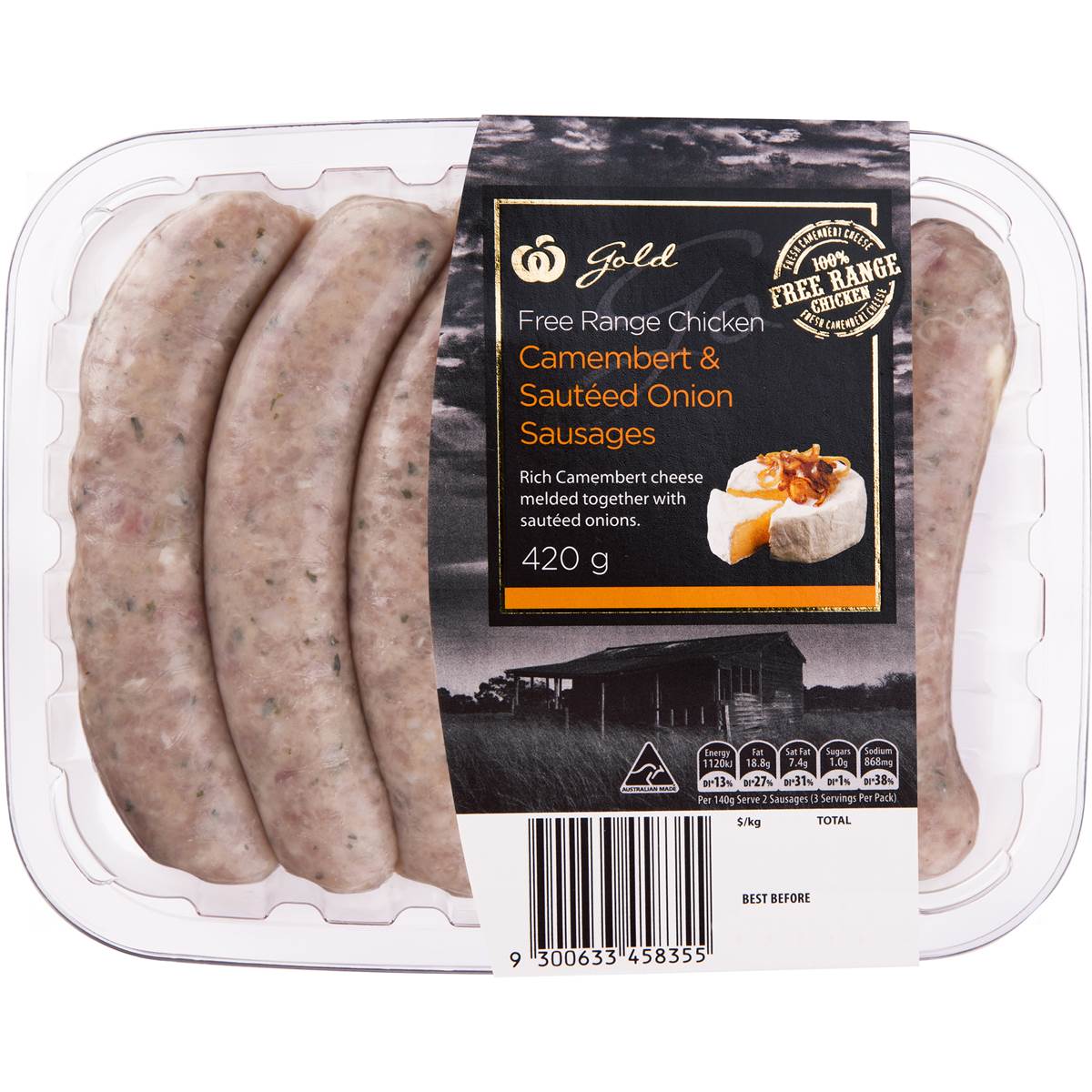 Woolworths Gold Free Range Chicken Camembert & Onion Sausage 420g
