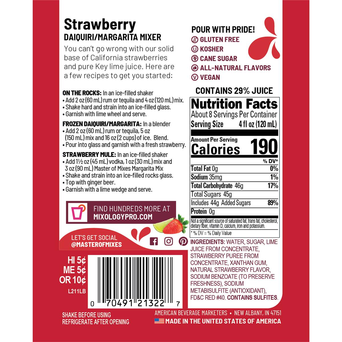 Master Of Mixes Handcrafted Strawberry Daiquiri & Margarita Mixer 1l