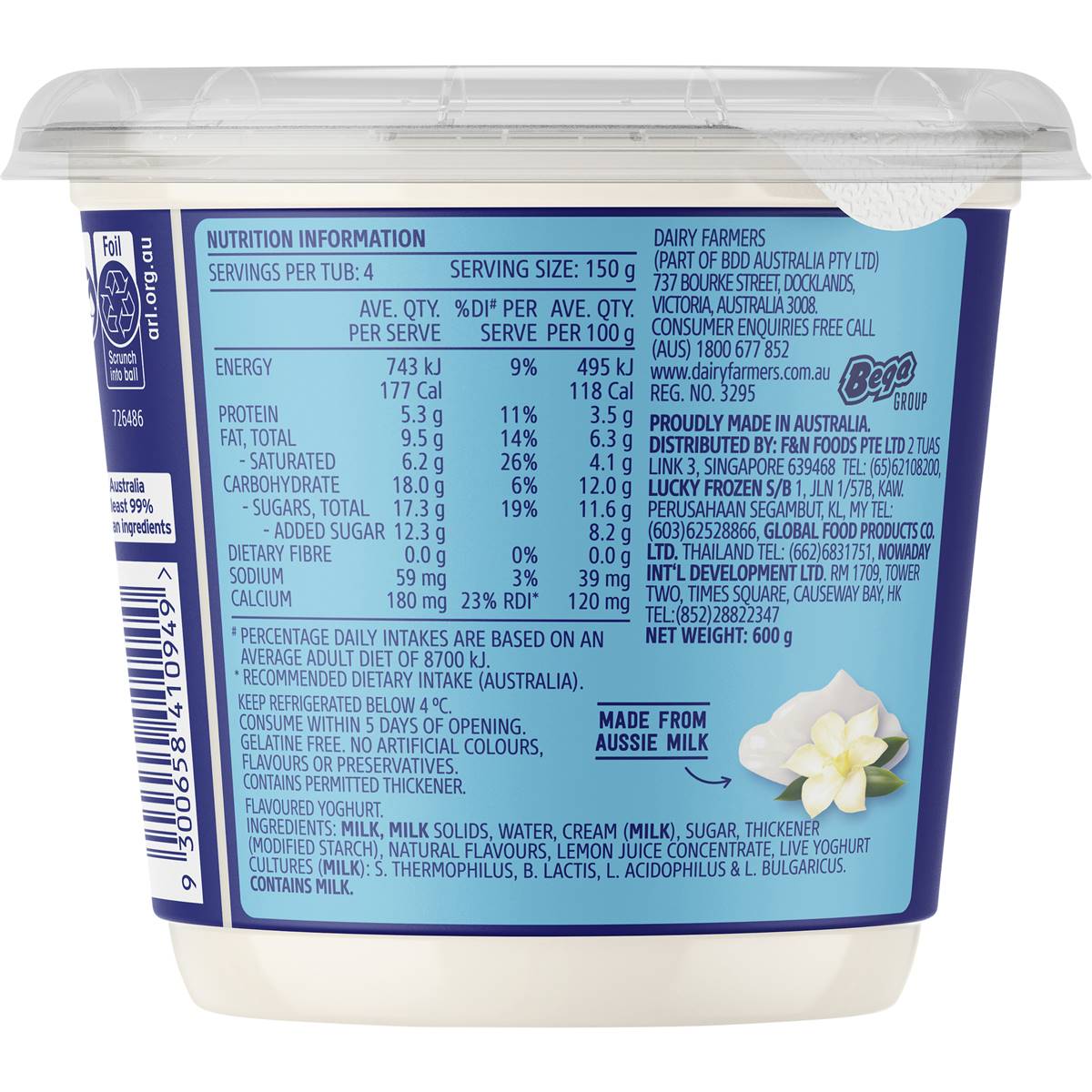 Dairy Farmers Thick & Creamy Classic Vanilla Yoghurt 600g | Woolworths