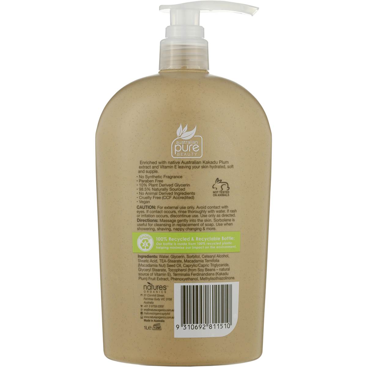 Australian Pure Moisturiser Sensitive Sorbolene 1l Woolworths