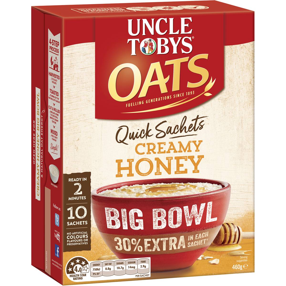 Uncle Tobys Quick Oats Sachets Big Bowl Honey 10 Pack Woolworths