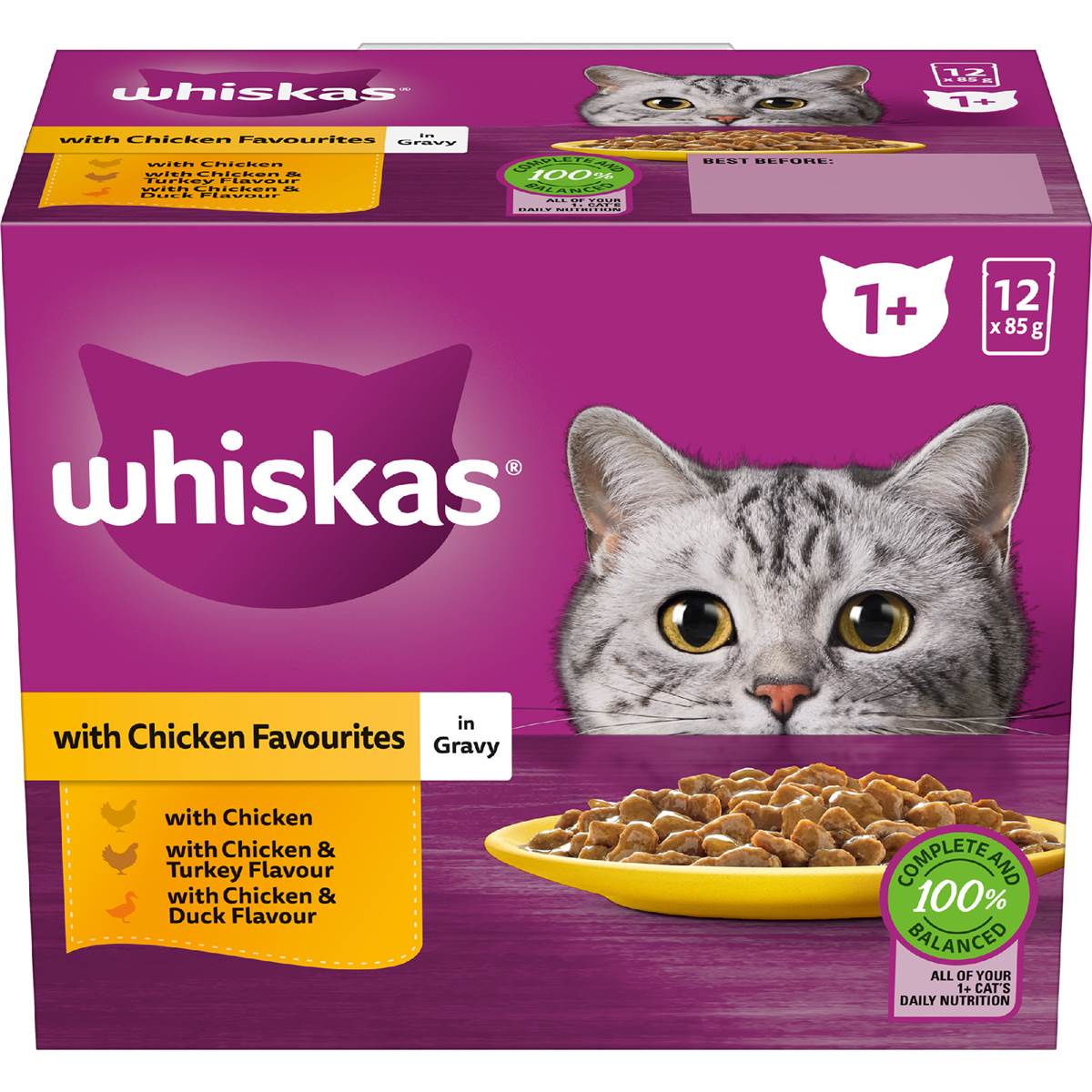 whiskas-1-years-wet-cat-food-chicken-in-gravy-pouch-85g-x12-pack