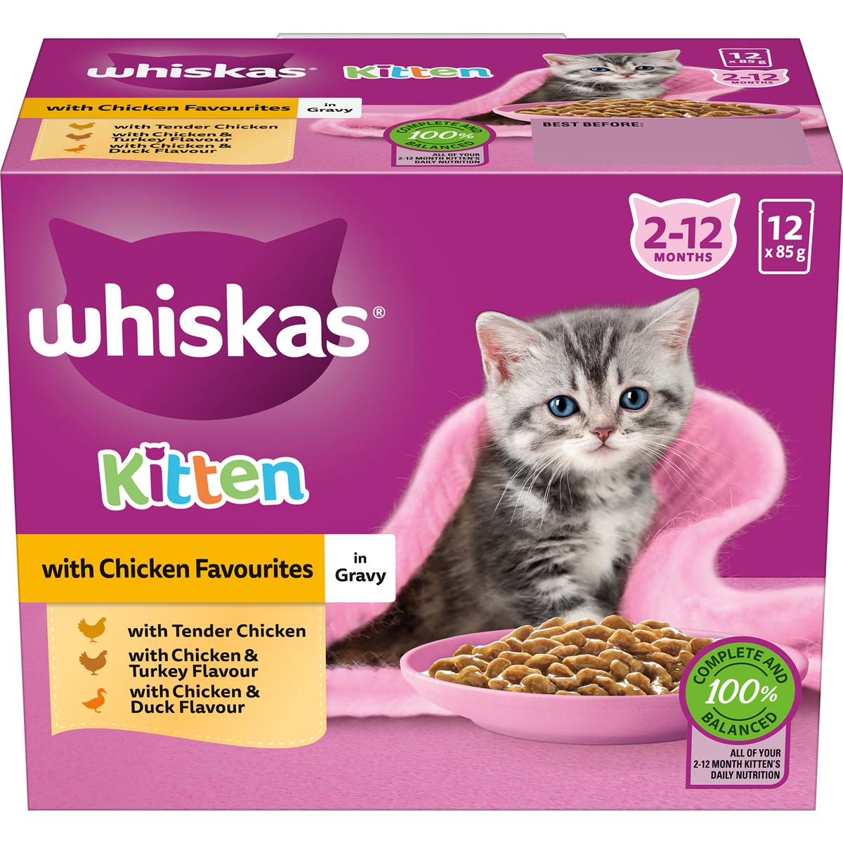 Whiskas Kitten Wet Cat Food Chicken In Gravy Pouch 85g X12 Pack