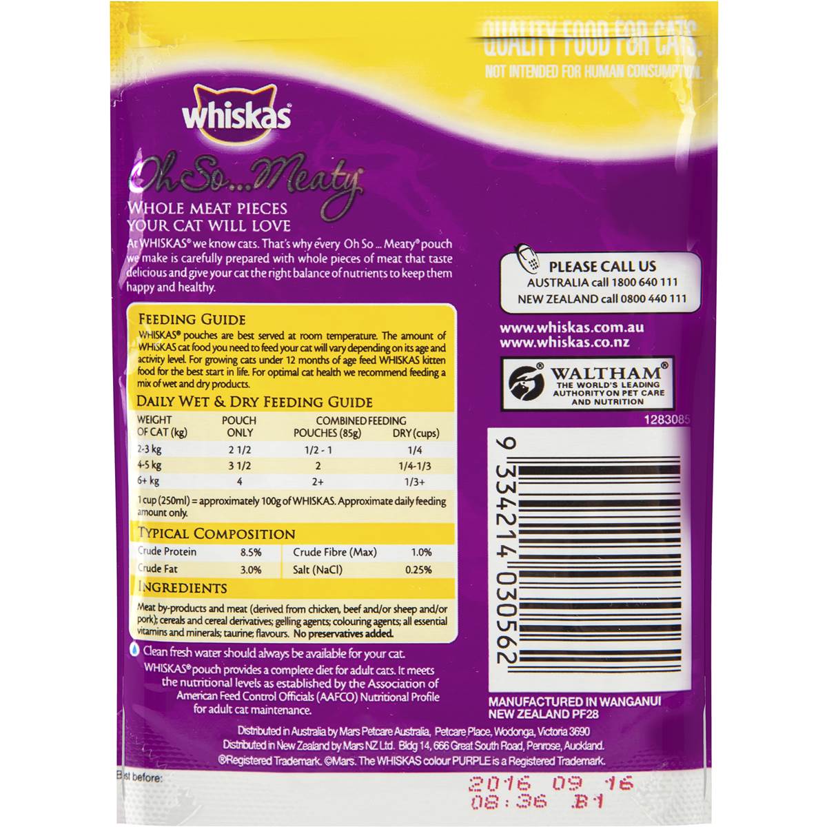 Whiskas Cat Food Nutritional Information