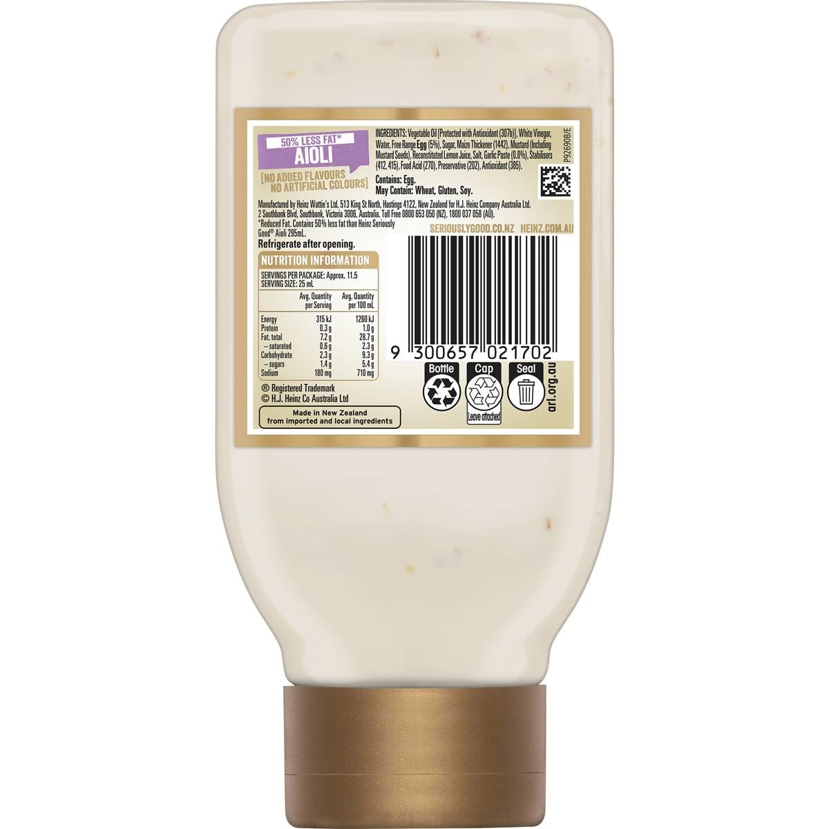 Heinz Seriously Good Lite Mayonnaise Light Aioli Mayo 295ml Woolworths
