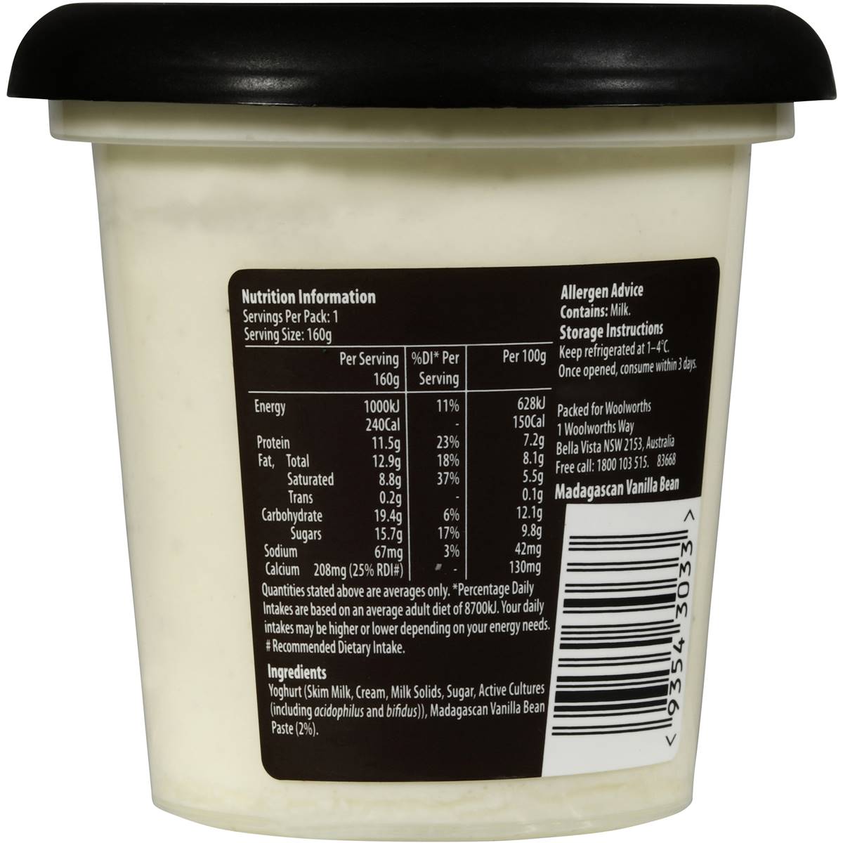 Woolworths Gold Vanilla Greek Yoghurt 160g Woolworths