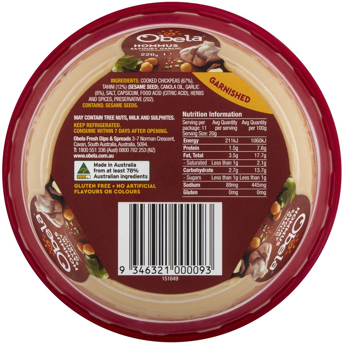 Obela Hommus Savoury Garlic 220g Woolworths