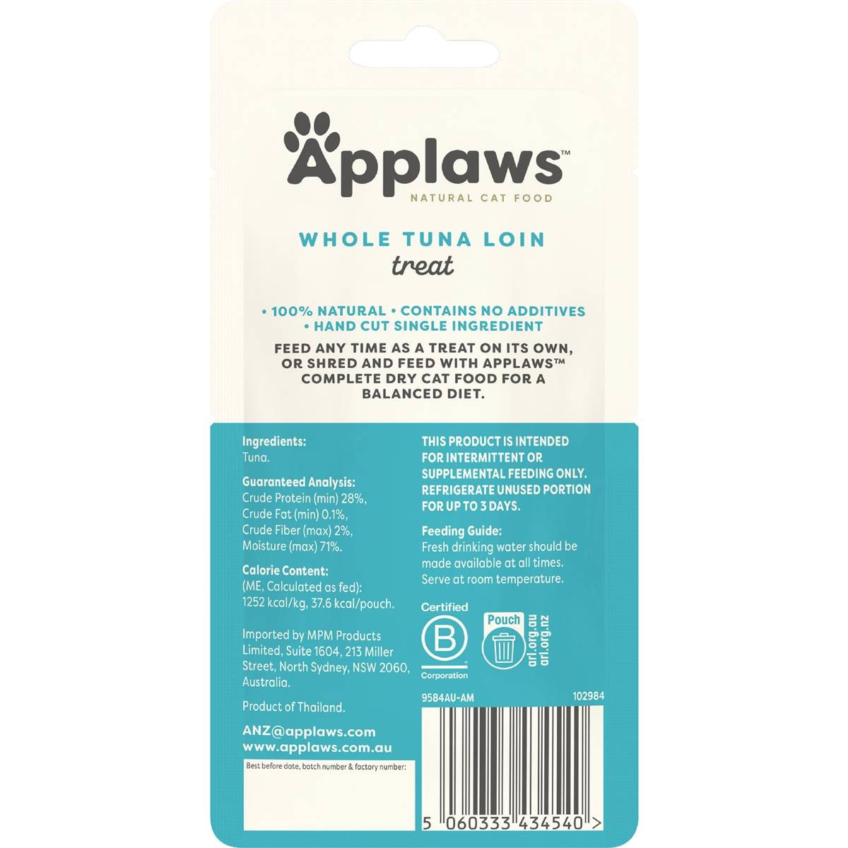 Applaws Adult Cat Food Natural Treat Tuna Loin Plain 30g Woolworths
