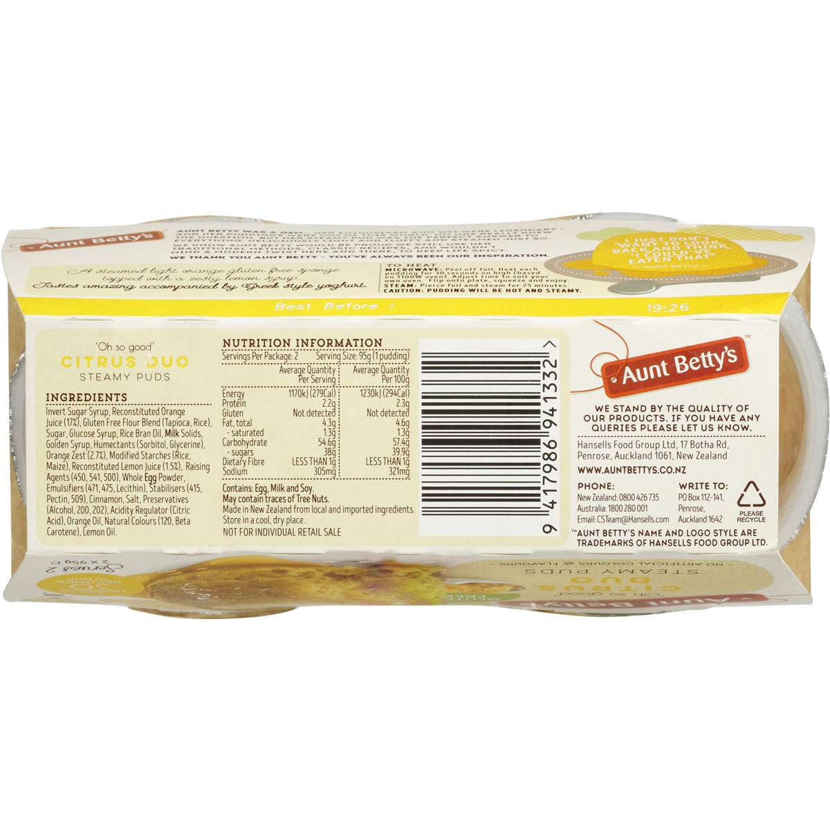 Aunt Bettys Citrus Duo Gluten Free Pudding 2x95g Woolworths