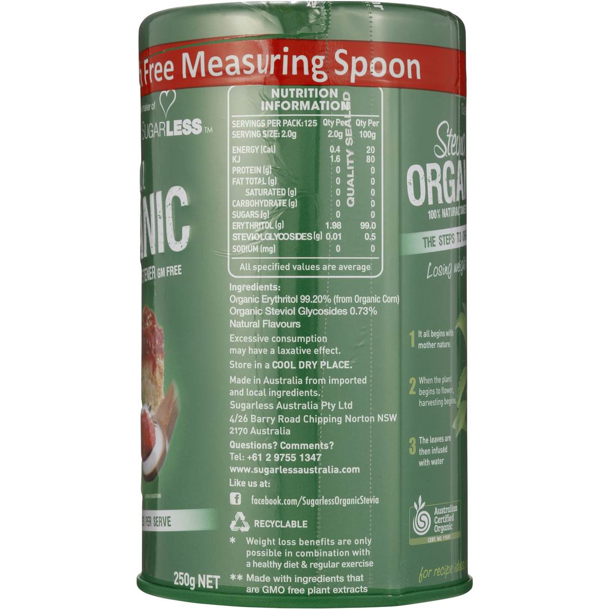 Sugarless Stevia Organic Natural Sweetener Canister 250g Woolworths