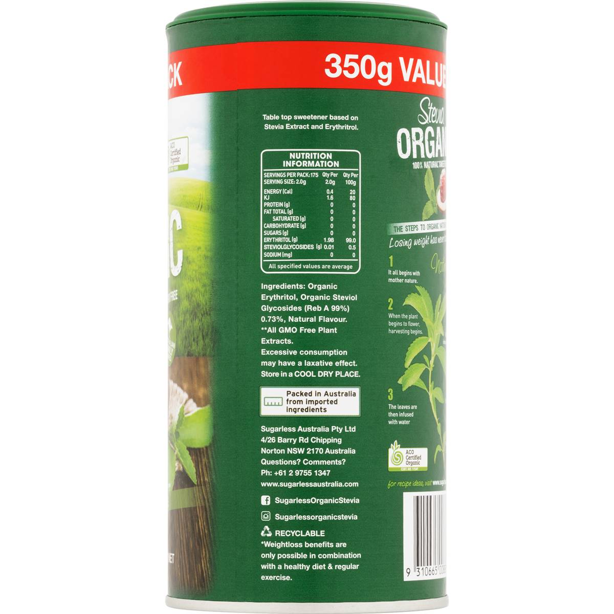 Sugarless Stevia Organic Natural Sweetener Canister 350g Woolworths