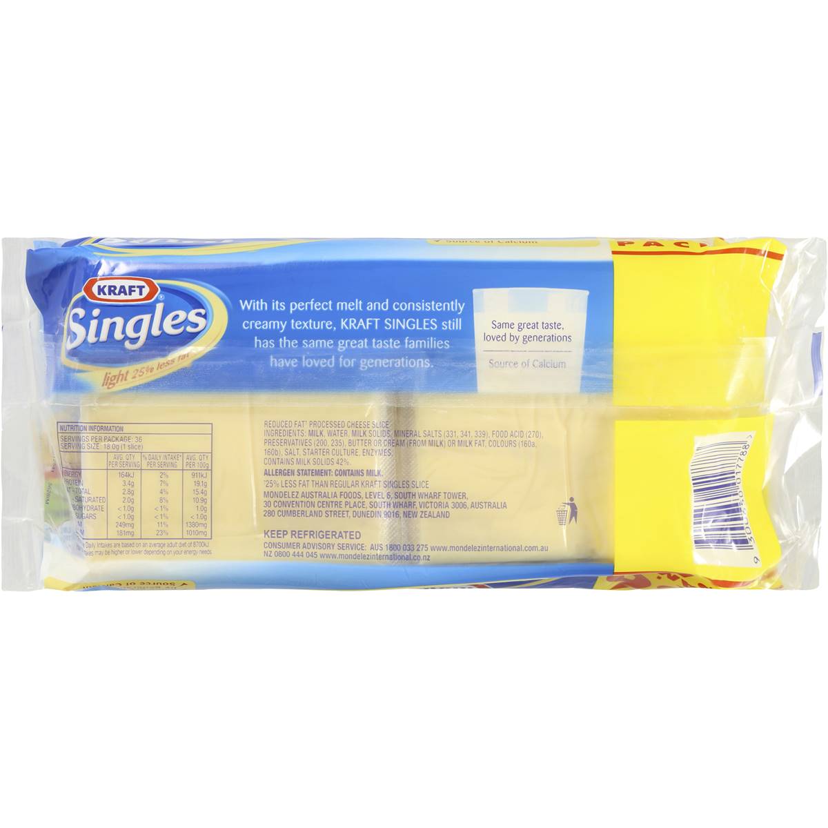 Kraft Dairylea Cheese Singles Light 25 Less Fat 36 Pack 648g Woolworths