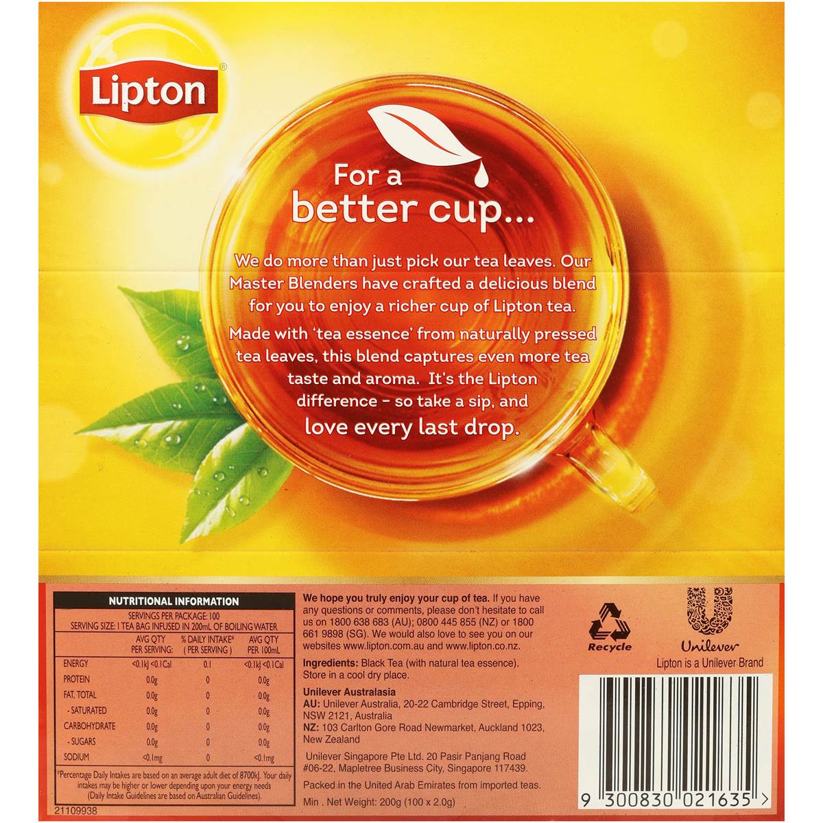 Lipton Yellow Label Tea Bags English Breakfast 100 Pack 200g Woolworths