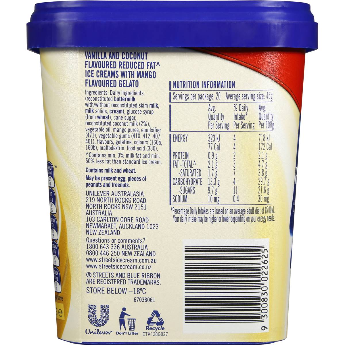 Blue Ribbon Reduced Fat Ice Cream Coconut Mango Ripple 2l tub | Woolworths